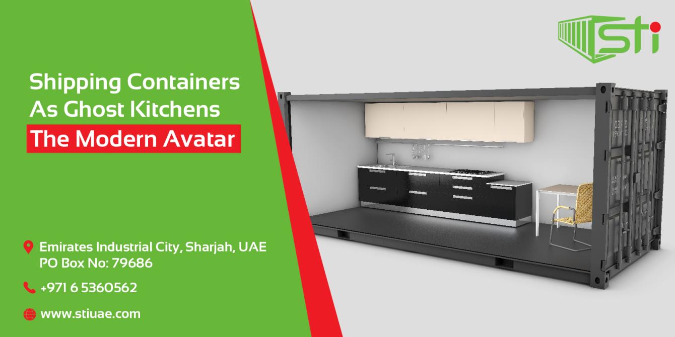 Poster of Supertech depicting the black color kitchen cabinet & modular shelves on top of it with attached sink with a table and a chair beside the cabinet made out of shipping container