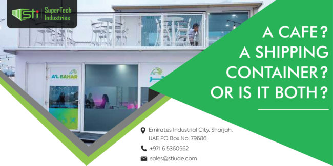 Print Shipping container converted to a beautiful cafe in UAE, shipping container conversion concept