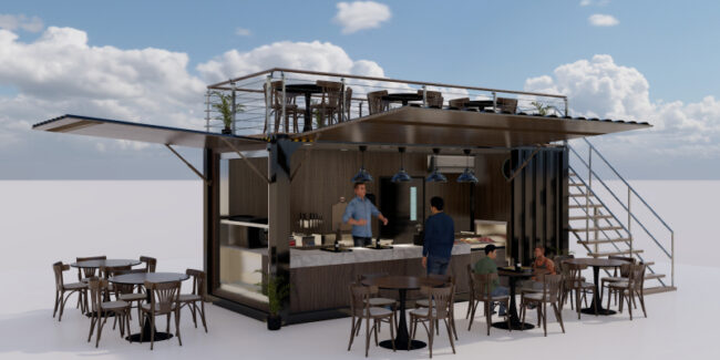commercial-shipping-container-kitchen Visual representation of shipping containers transformed into a kitchen and eatery environment.