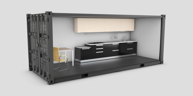 A 3D illustration of a shipping container converted into kitchen.