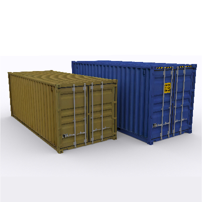 Shipping containers in blue and brown arranged side by side