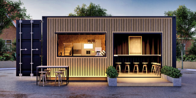 Container-pop-up-shop A shipping container converted into a pop-up cafe.