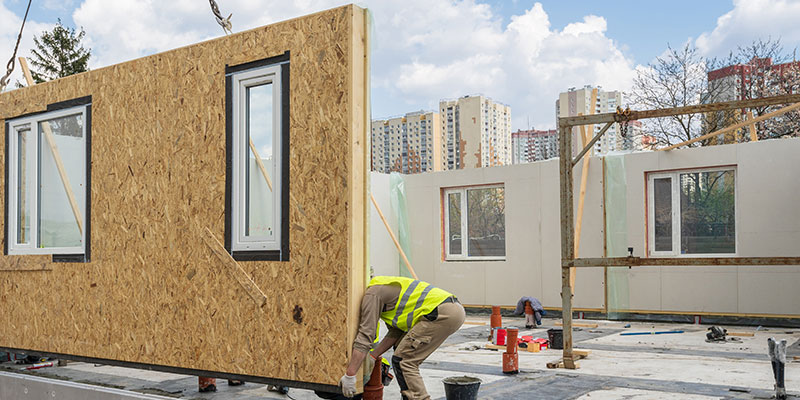 Modular house Construction A man with protection wear costume is inn the process of constructing a modular house with composite sip panels.